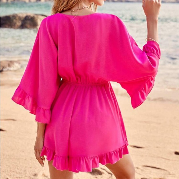 Boho Ruffle Cut Out Front Tie Romper Hot Pink - Picture 2 of 6